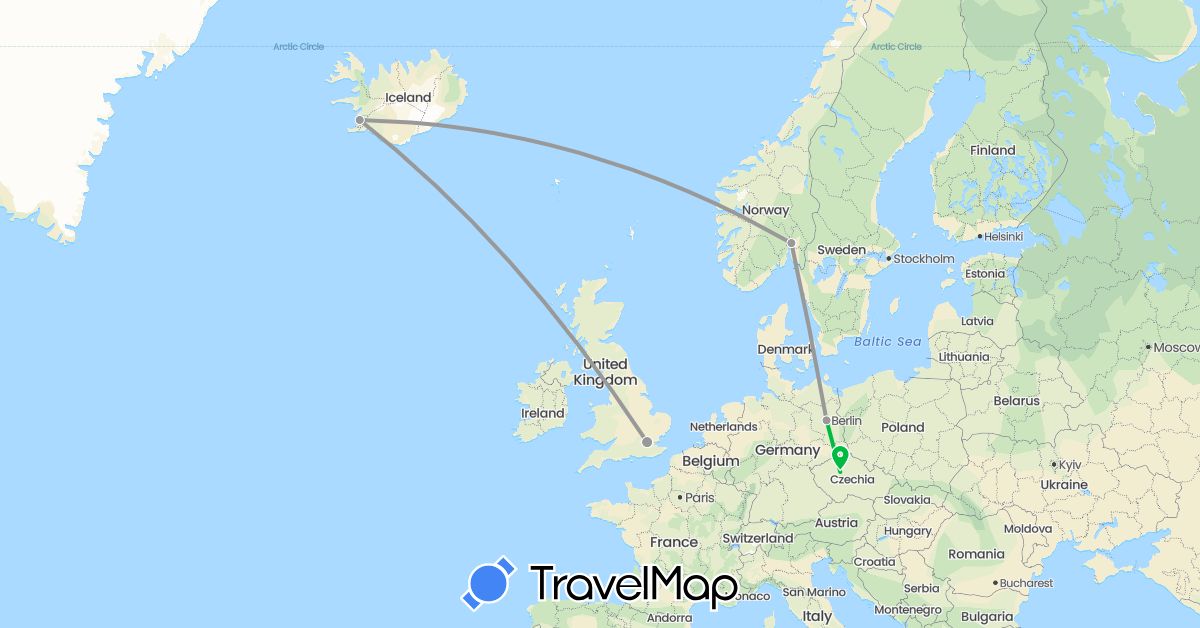 TravelMap itinerary: driving, bus, plane in Czech Republic, Germany, United Kingdom, Iceland, Norway (Europe)